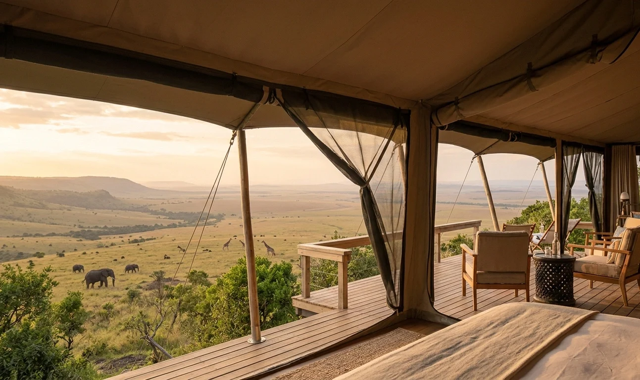 Angama Mara tenda permanente com vista panorâmica para o Great Rift Valley no Quênia