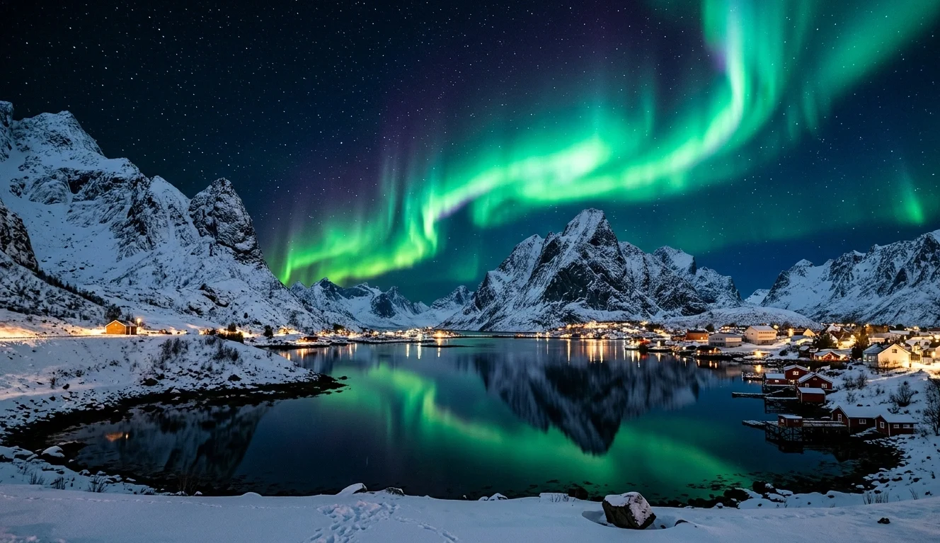 Auroras boreais sobre os fiordes da Noruega em céu limpo de inverno