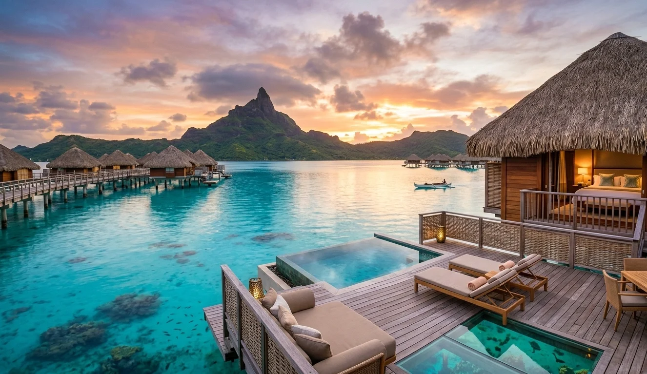 Bungalô sobre a água do Four Seasons Bora Bora com vista para o Monte Otemanu