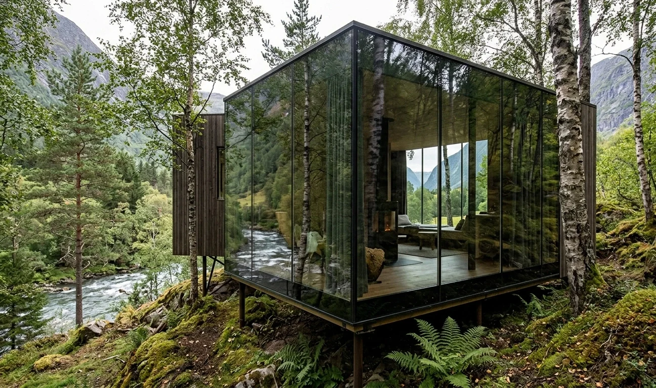 Cabine de vidro do Juvet Landscape Hotel integrada à floresta na Noruega