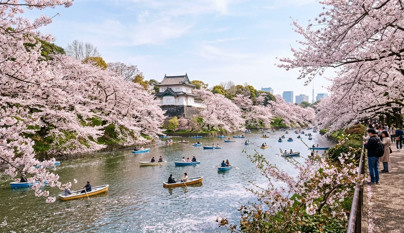 Cerejeiras em flor no Imperial Palace em Tóquio na primavera
