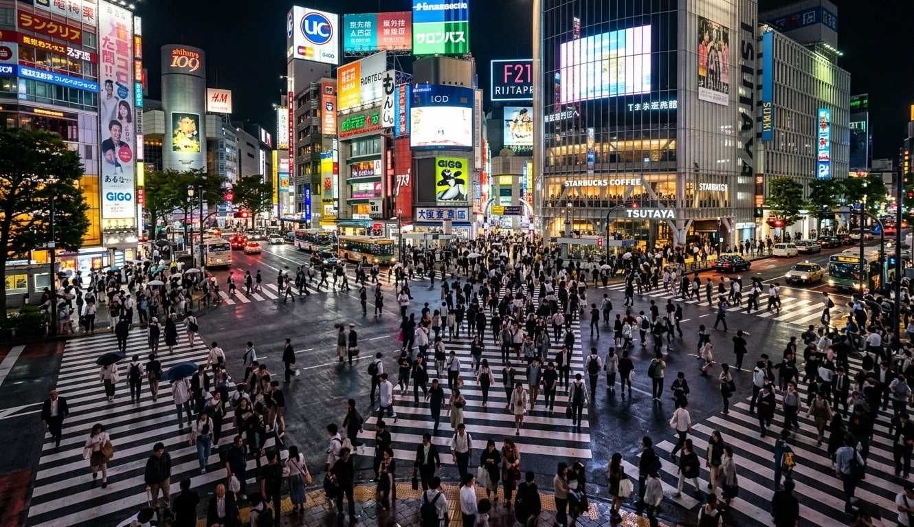 Cruzamento de Shibuya em Tóquio à noite com luzes urbanas