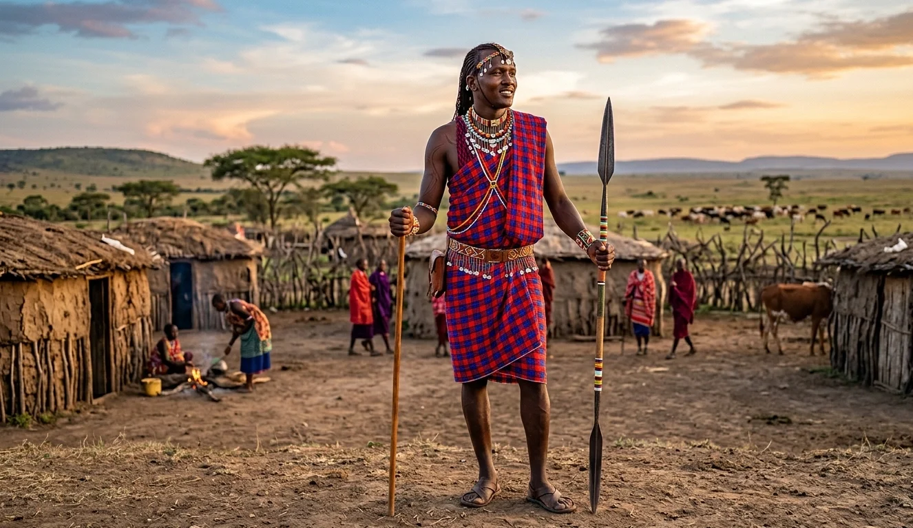 Guerreiro Masai com vestimenta tradicional shuka em vila do Quênia
