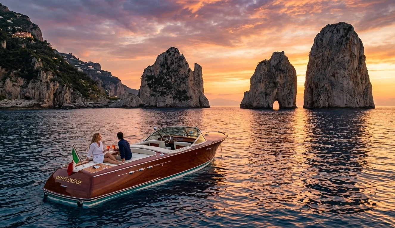 Iate clássico Riva ancorado nas Faraglioni de Capri ao pôr do sol