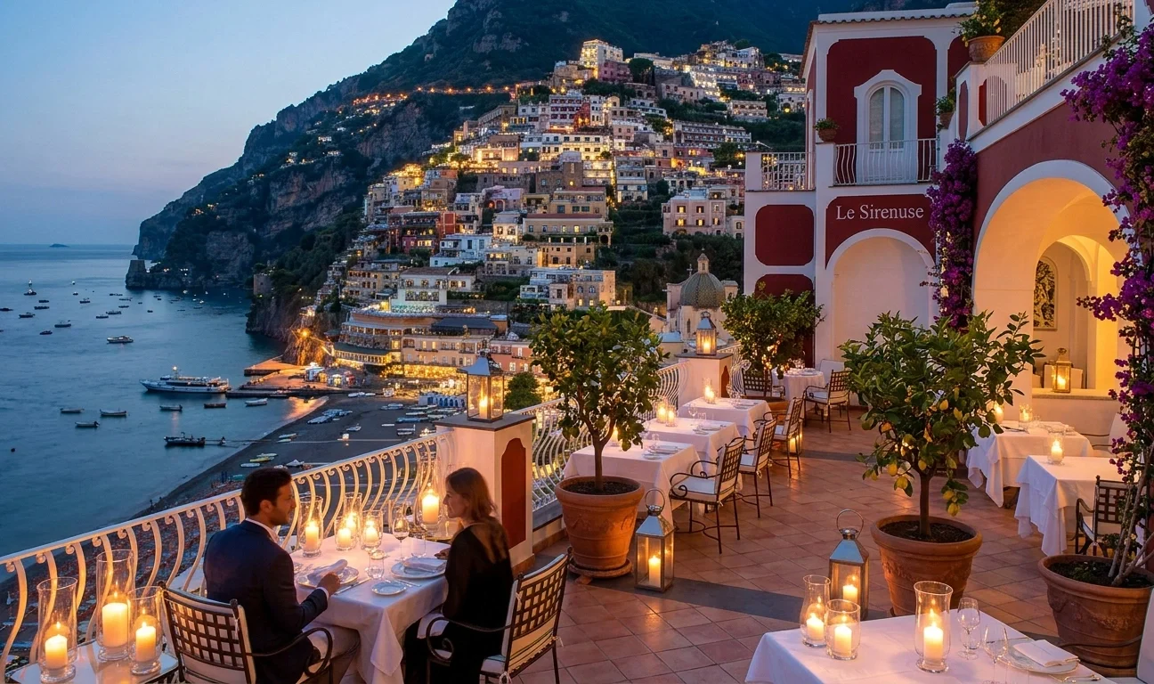 Jantar à luz de velas no terraço do Le Sirenuse em Positano