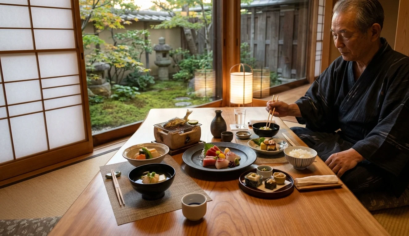 Jantar kaiseki tradicional com apresentação minimalista em ryokan de Kyoto