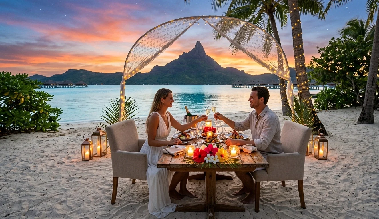 Jantar privativo em motu deserto com mesa montada na areia em Bora Bora