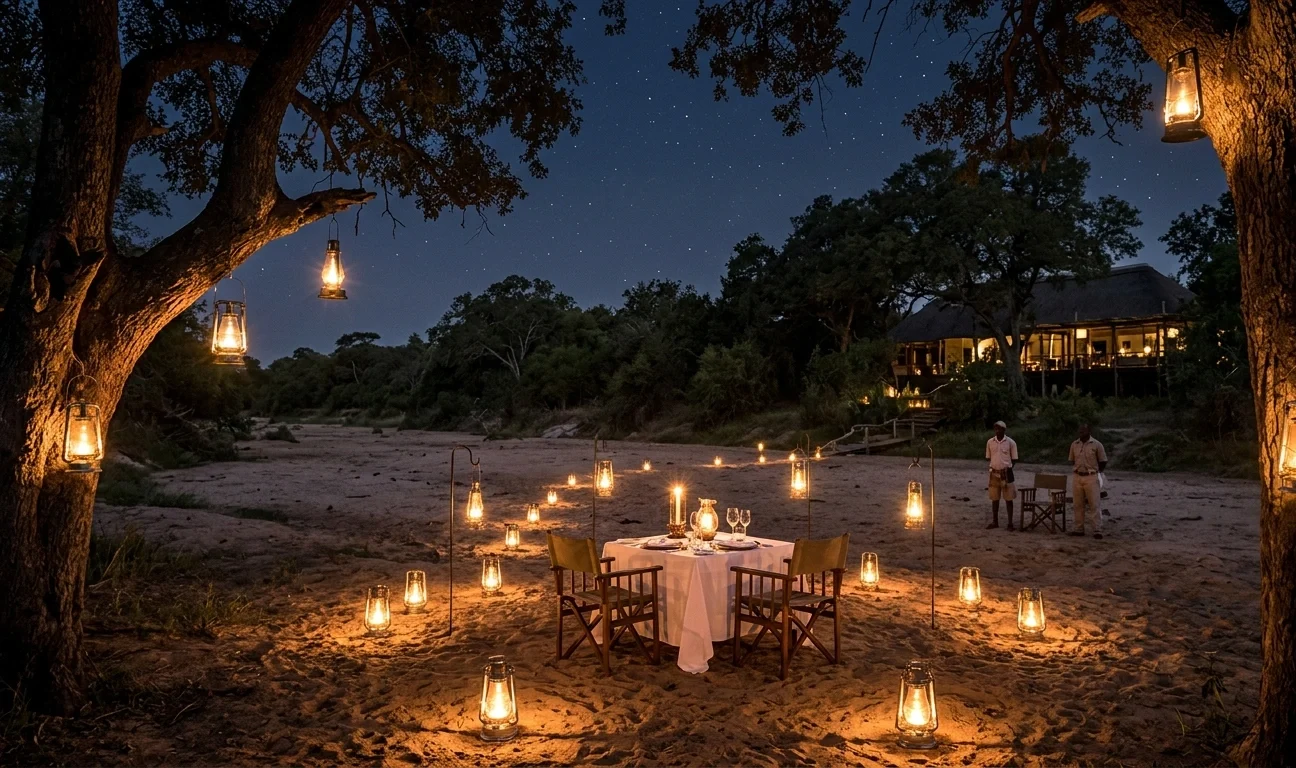 Jantar privativo no leito seco do rio iluminado por lanternas no Singita