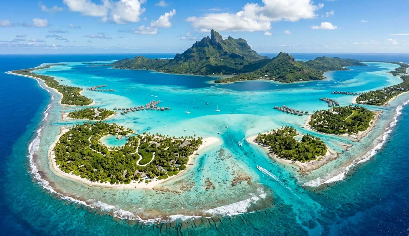 Lagoa azul-turquesa de Bora Bora com motus de coral ao redor da ilha principal