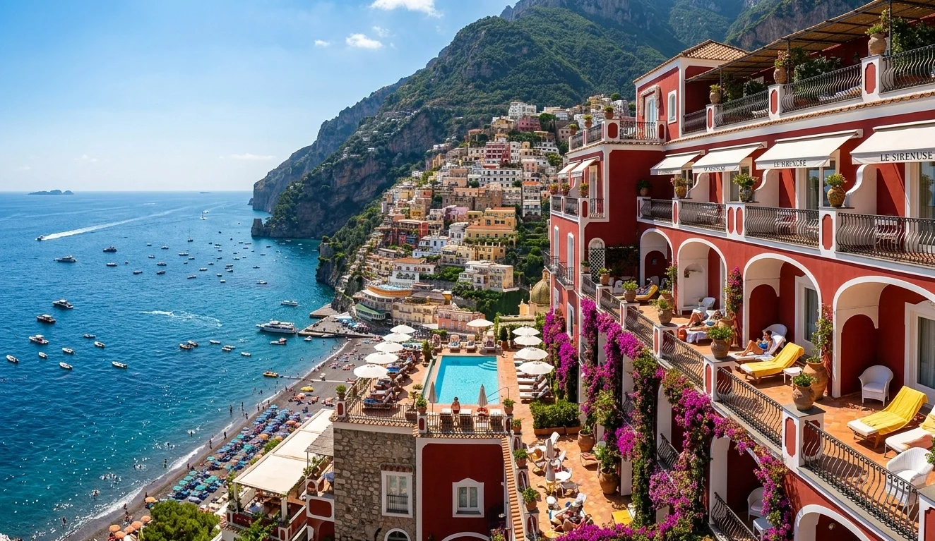 Le Sirenuse Positano vista da fachada com o mar Tirreno ao fundo