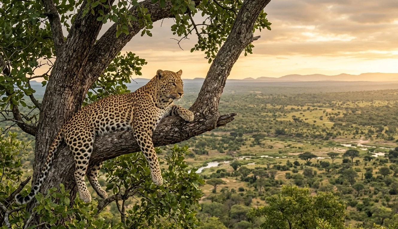 Leopardo em árvore com vista panorâmica do bushveld no Sabi Sands