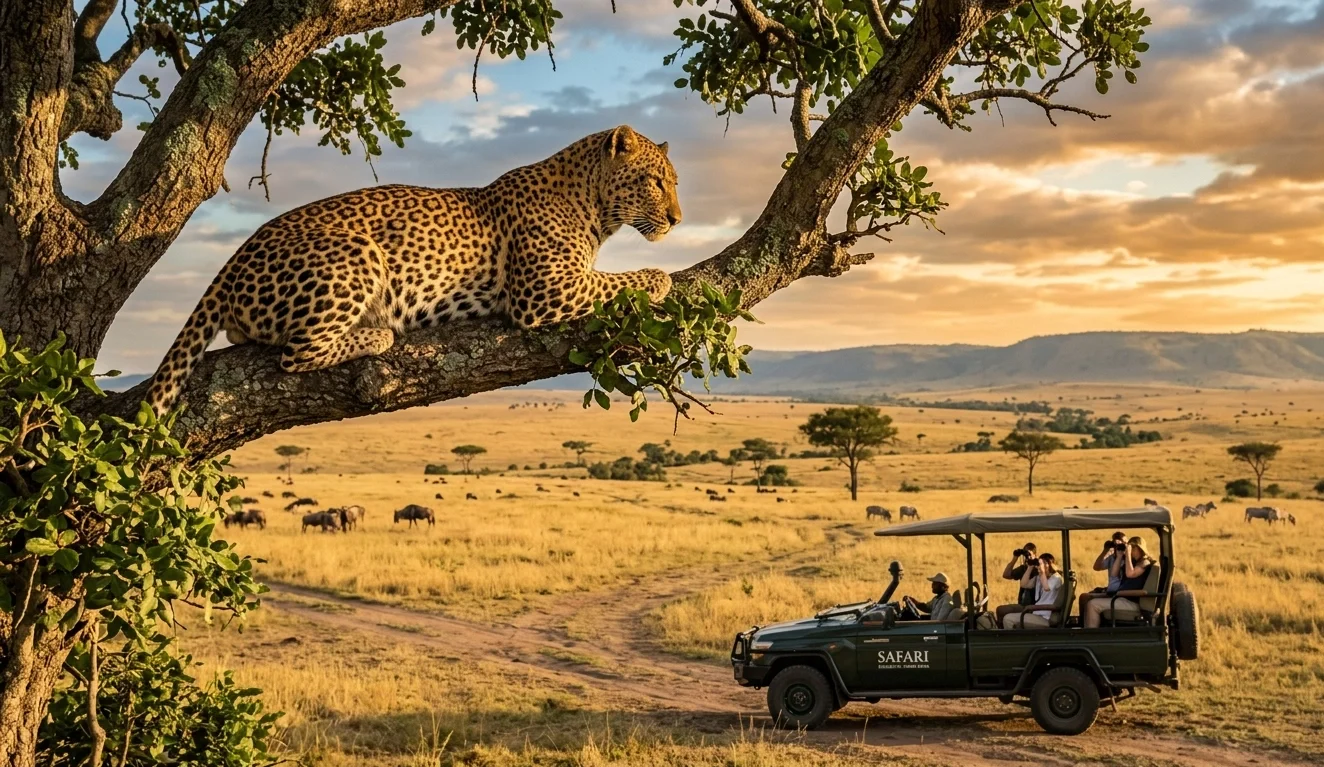 Leopardo em árvore observando game drive privativo em Masai Mara