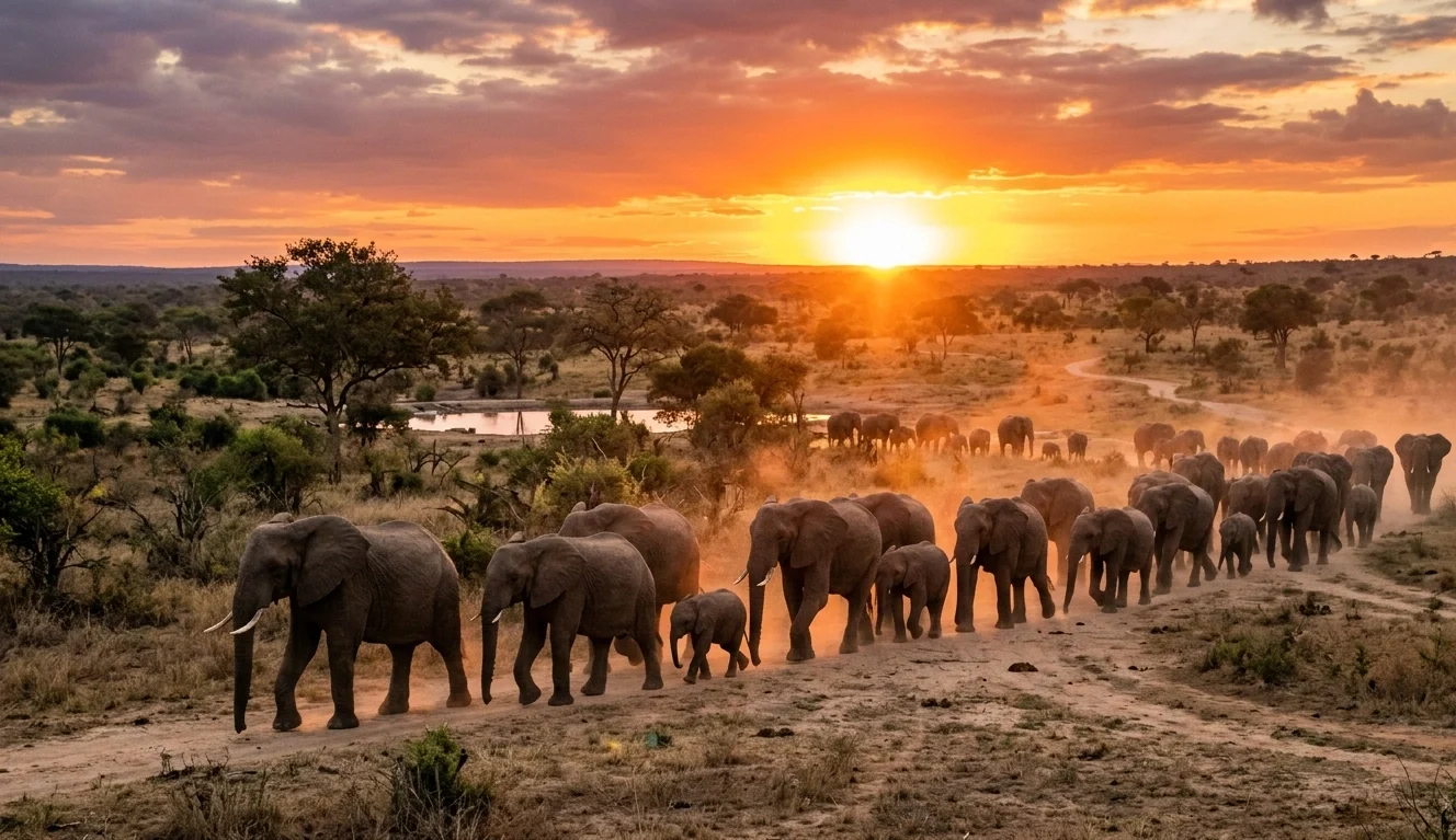 Manada de elefantes ao pôr do sol no Sabi Sands África do Sul
