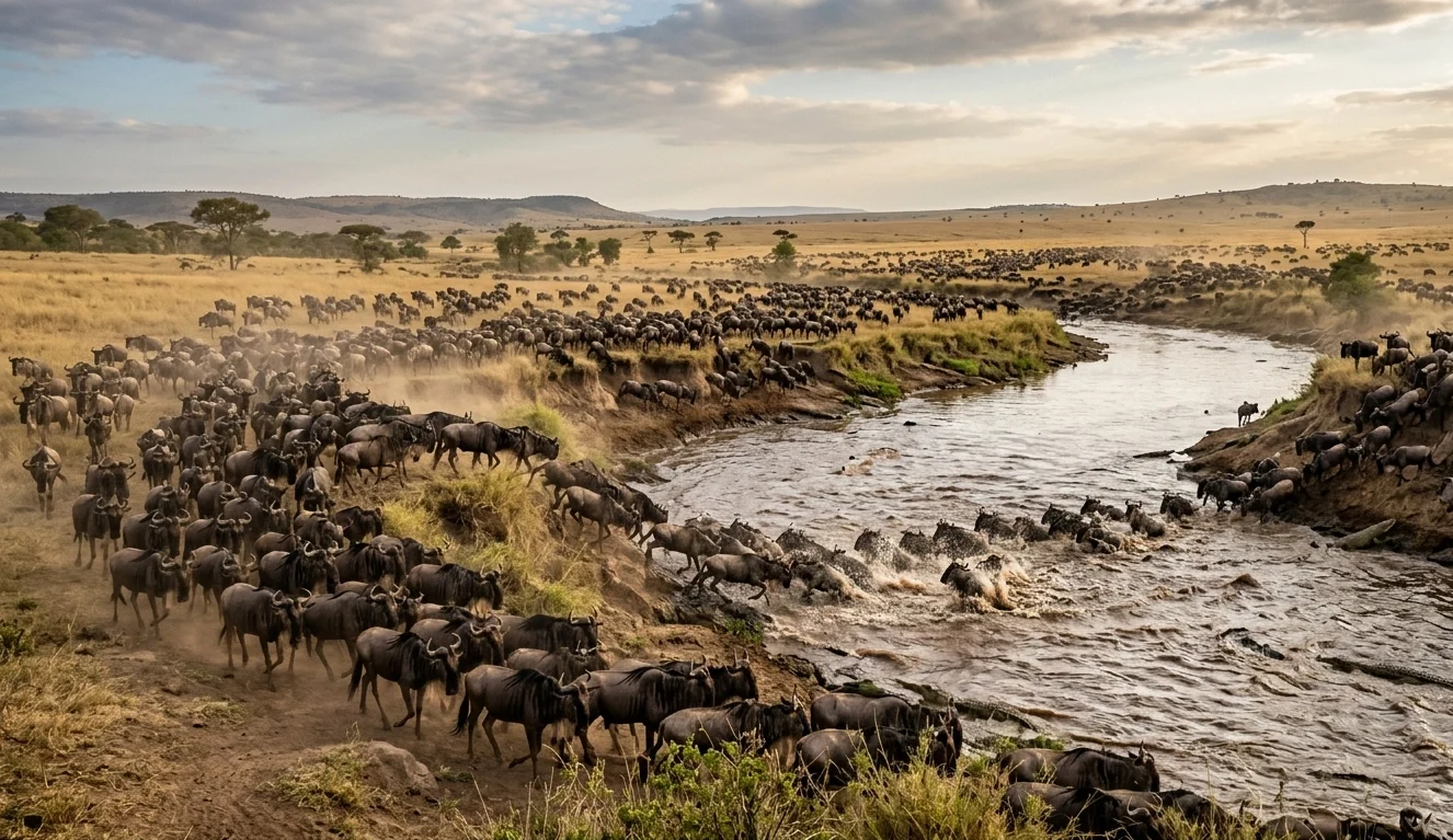 Manada de gnus durante a Grande Migração na savana de Masai Mara