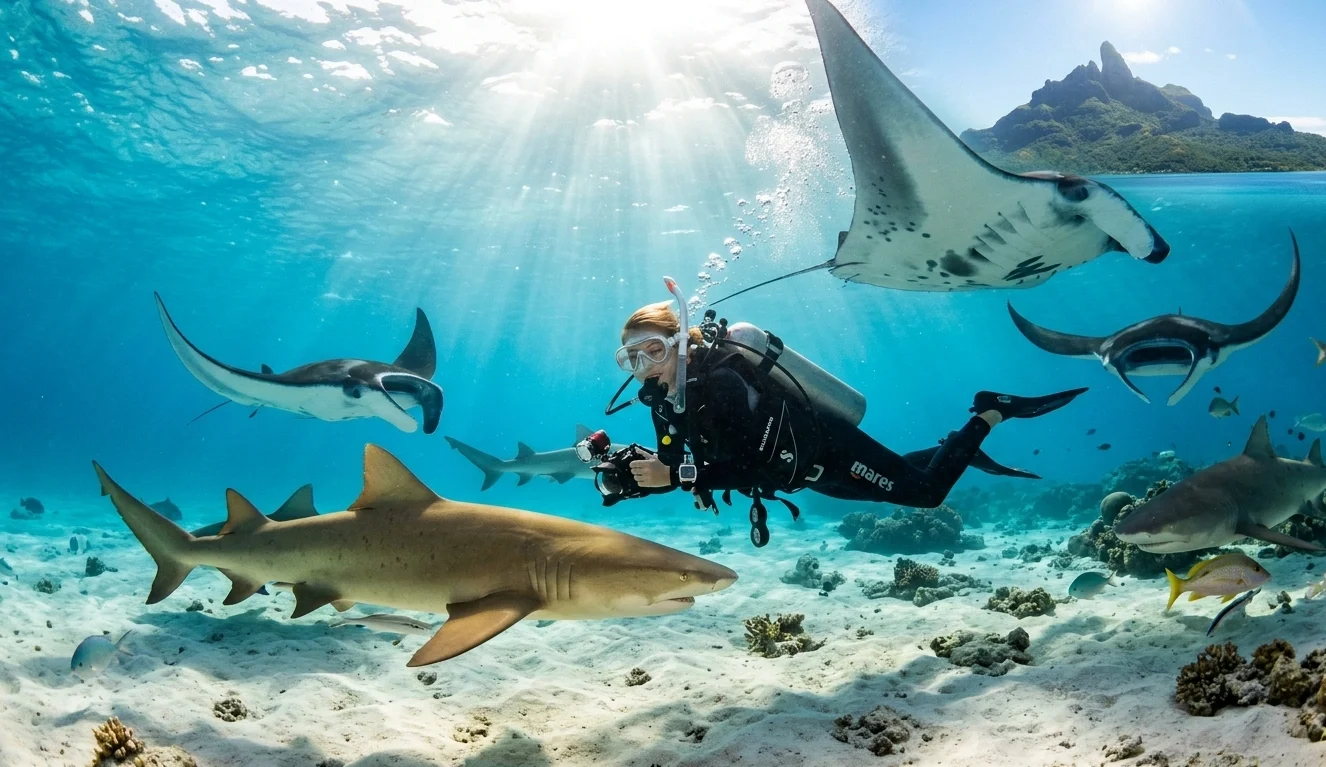 Mergulho com arraias e tubarões-limão na lagoa de Bora Bora