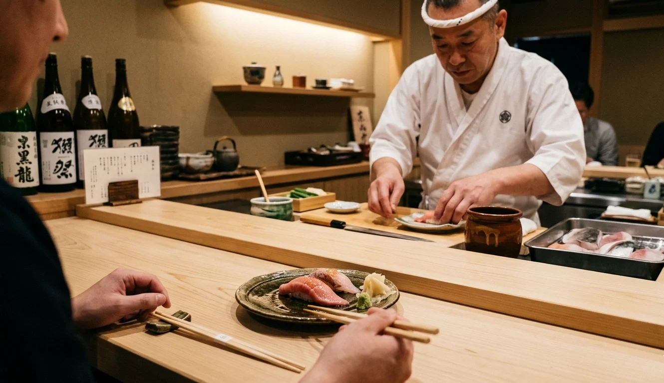 Sushi omakase preparado em balcão de cipreste em Ginza Tóquio