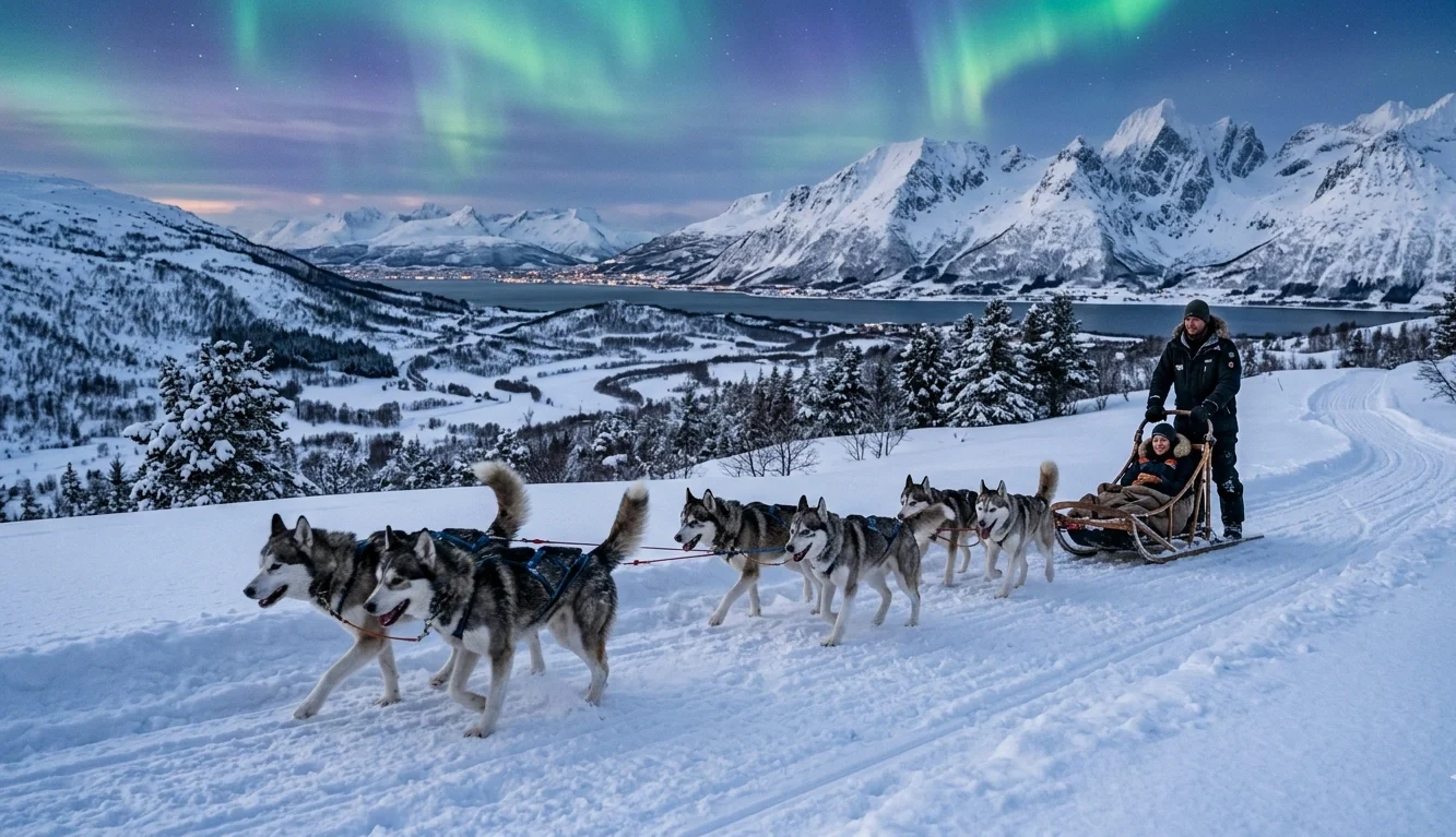 Trenó com cães huskies em paisagem nevada de Tromsø