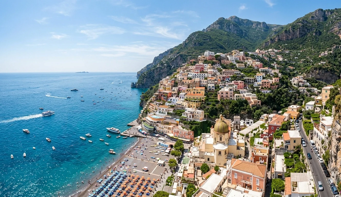 Vista aérea de Positano com casas escalonadas na encosta da costa