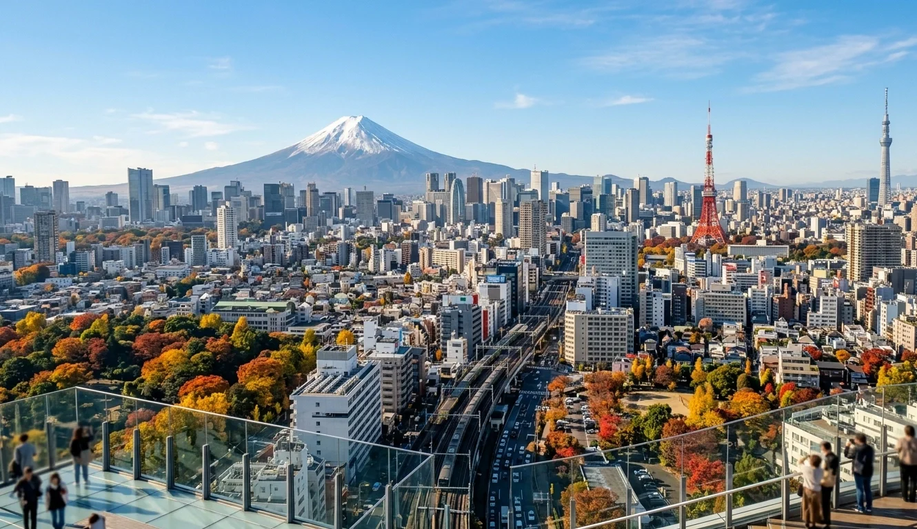 Vista de Tóquio com Monte Fuji ao fundo em dia limpo de outono