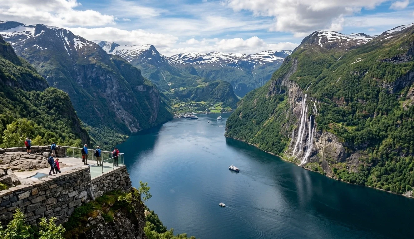 Vista do Geirangerfjord Patrimônio UNESCO com cachoeiras